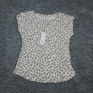 Cozy Shirt Womens XS White Leopard Print Cap Sleeve Stretch Knit Anita Top NWT